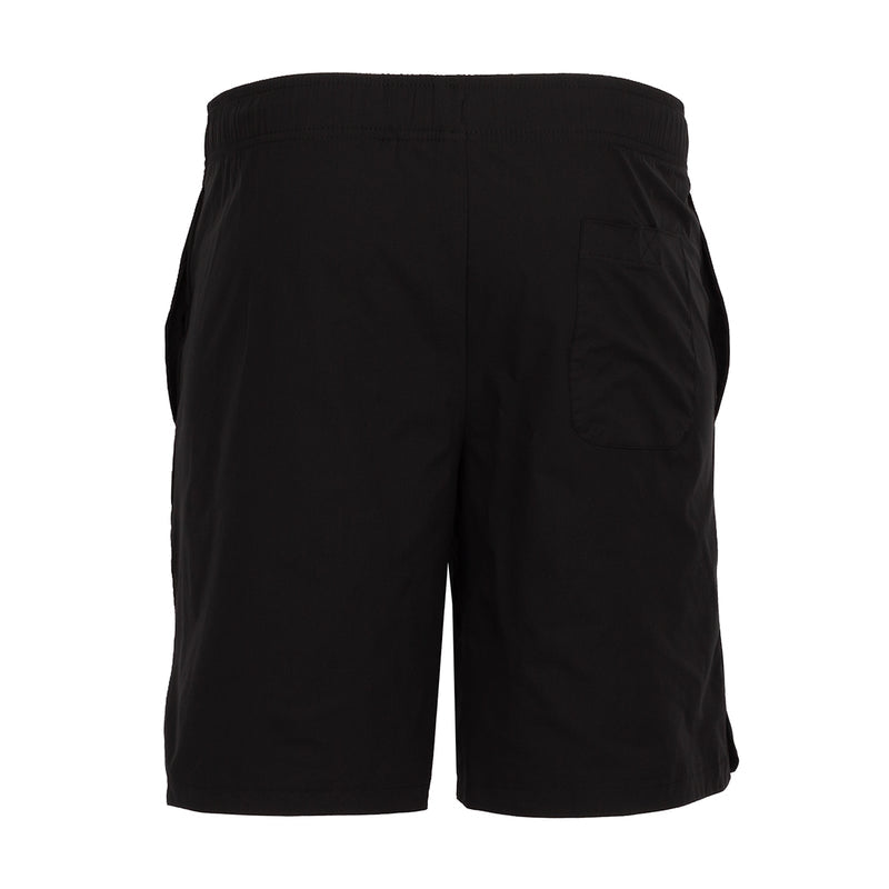 Men's black woven shorts with elastic waistband and back pocket