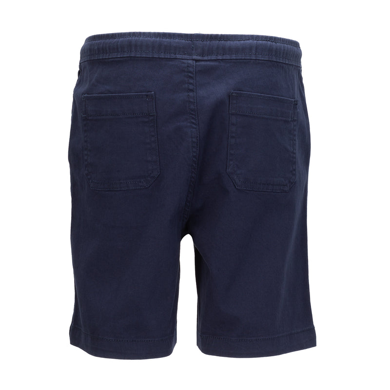 Navy youth woven shorts with buttoned back pockets and elastic waistband