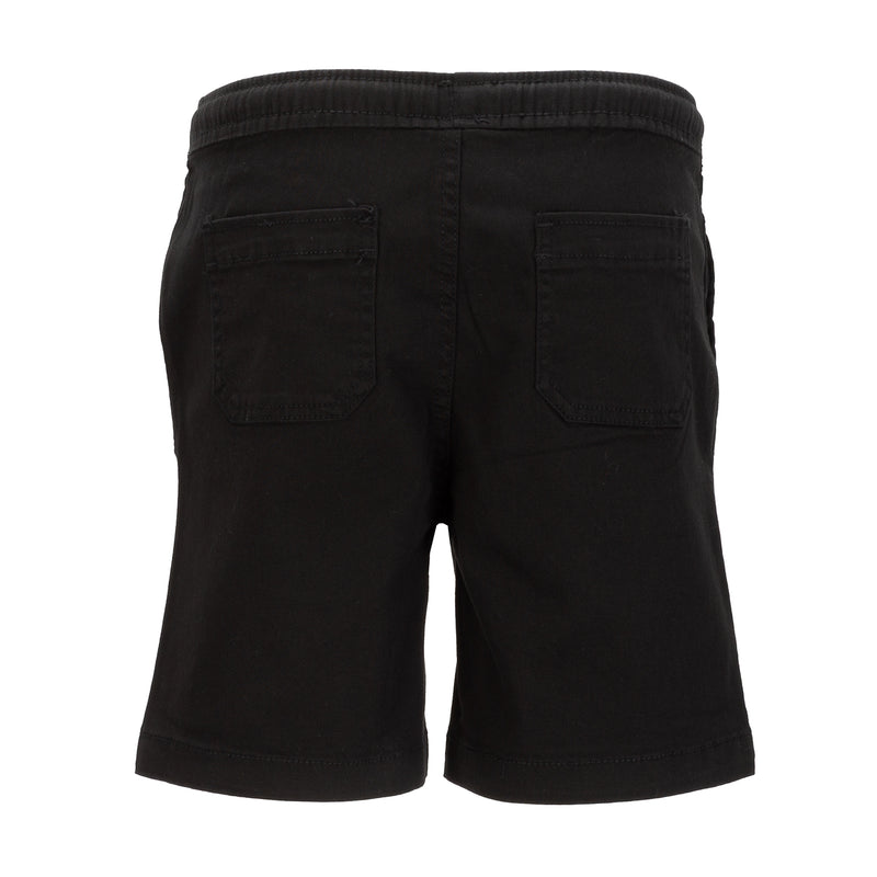 Youth woven shorts, black, back view with elastic waistband and patch pockets