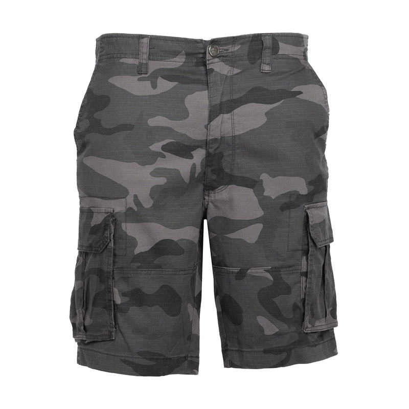 Men's camouflage cargo shorts with front zip and button, side cargo pockets