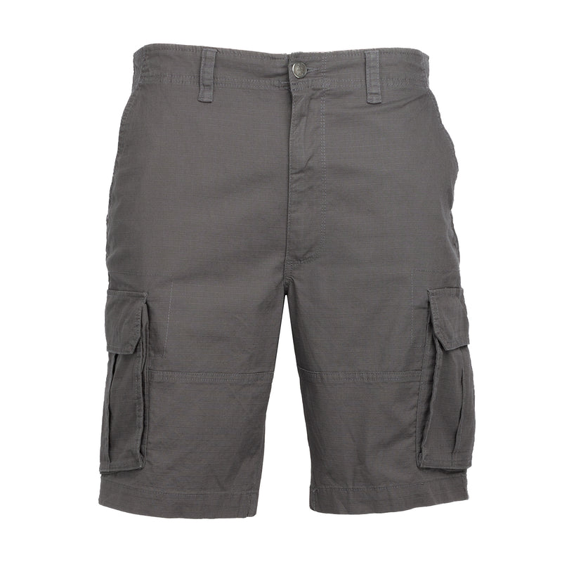 Men's gray woven ripstop cargo shorts with front pockets and side cargo flap pockets