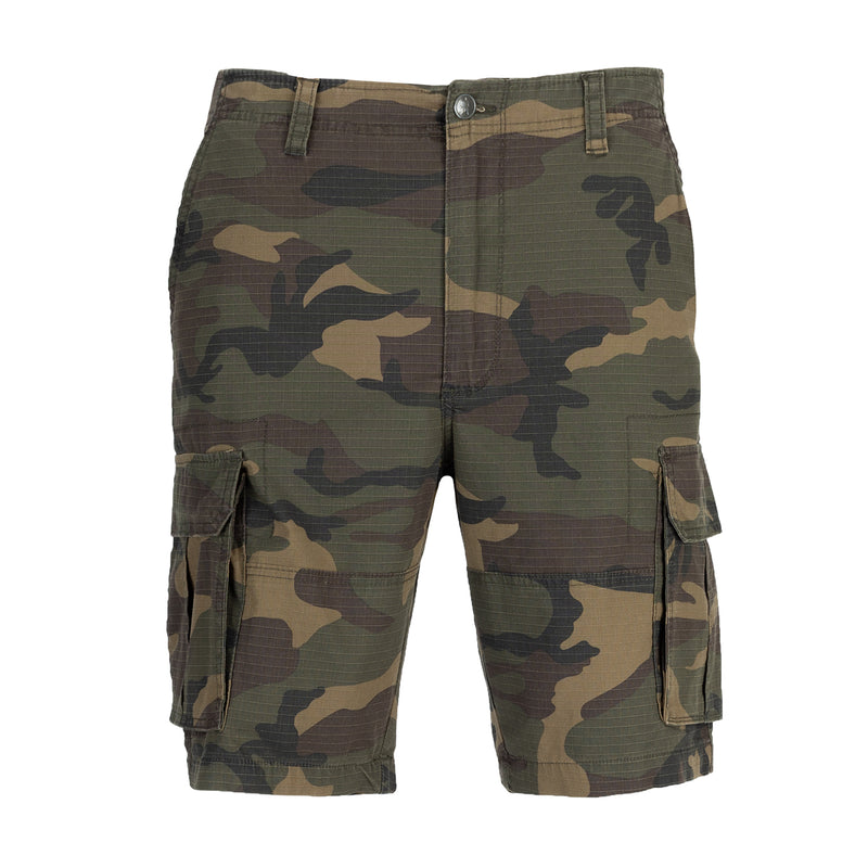 Men's camo cargo shorts with front button; side utility pockets, olive tones