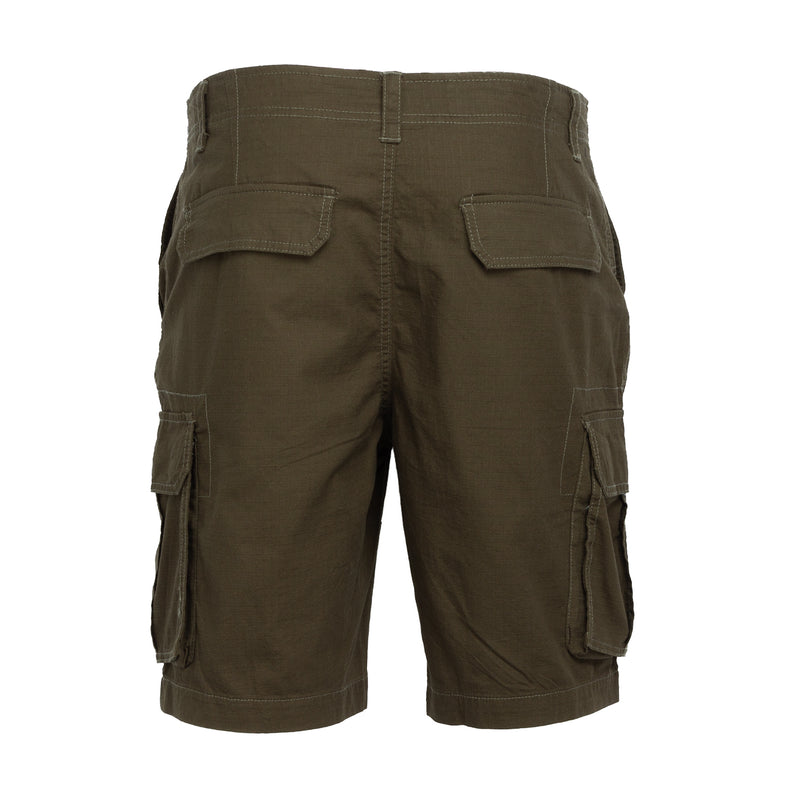 Olive woven twill ripstop cargo shorts with belt loops and rear cargo pockets