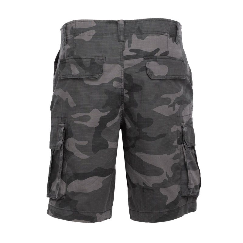 Men's camouflage cargo shorts with belt loops and back cargo pockets