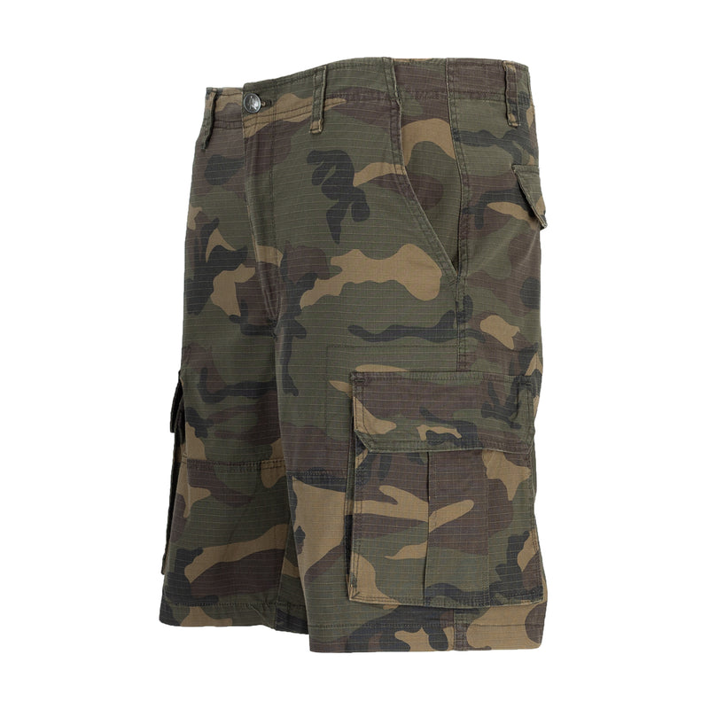 Men's camo cargo shorts with thigh pocket detail and belt loops, olive tones