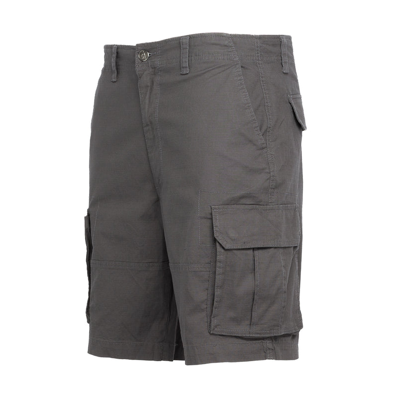 Men's gray ripstop twill cargo shorts with belt loops and side cargo pocket