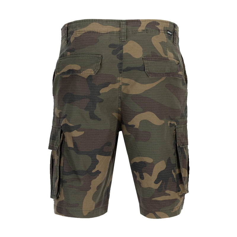 Men's camo cargo shorts with two cargo pockets and stitched waistband, olive tones