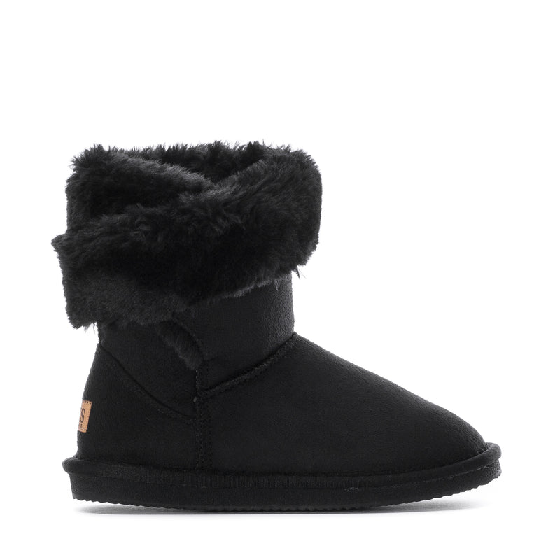 Kids black wrap boot with faux-fur cuff and stitched ankle strap