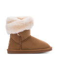 Kids chestnut suede boot with white faux-fur cuff and side seam stitching