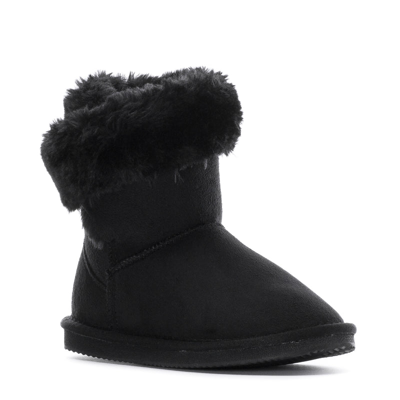 Kids black ankle wrap boot with faux-fur collar and dark rubber sole