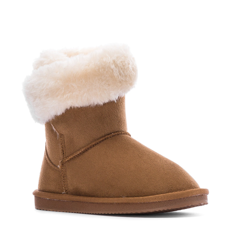 Kids chestnut suede boot with white faux-fur cuff and ankle pull-on tab