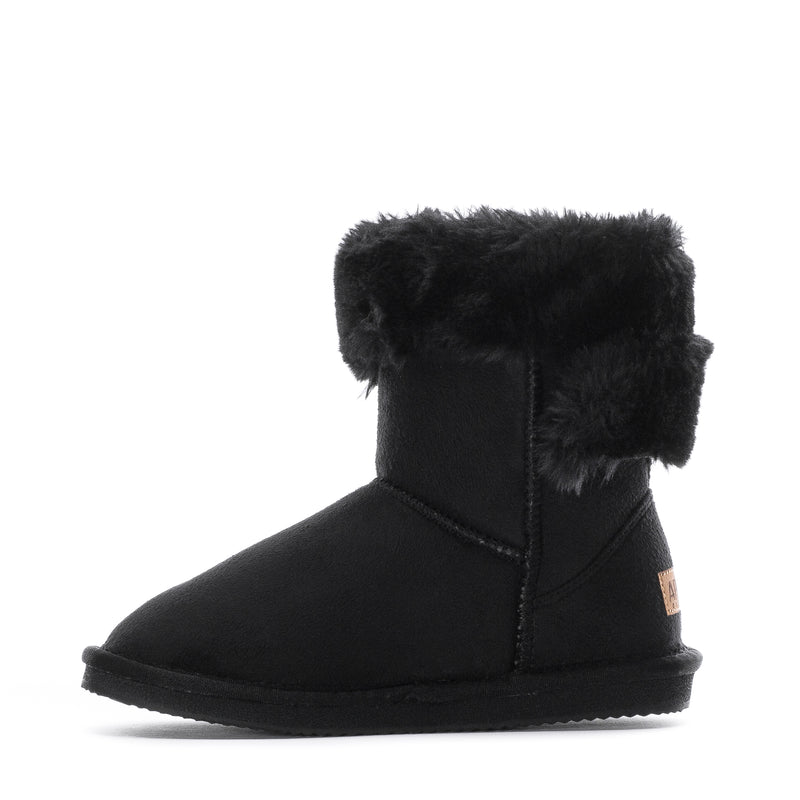 Kids black wrap boot with faux-fur foldover cuff and side seam stitching