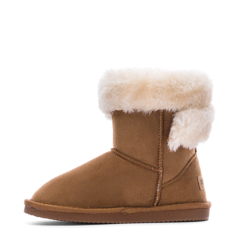 Kids chestnut ankle boot with white faux-fur cuff and front seam detail