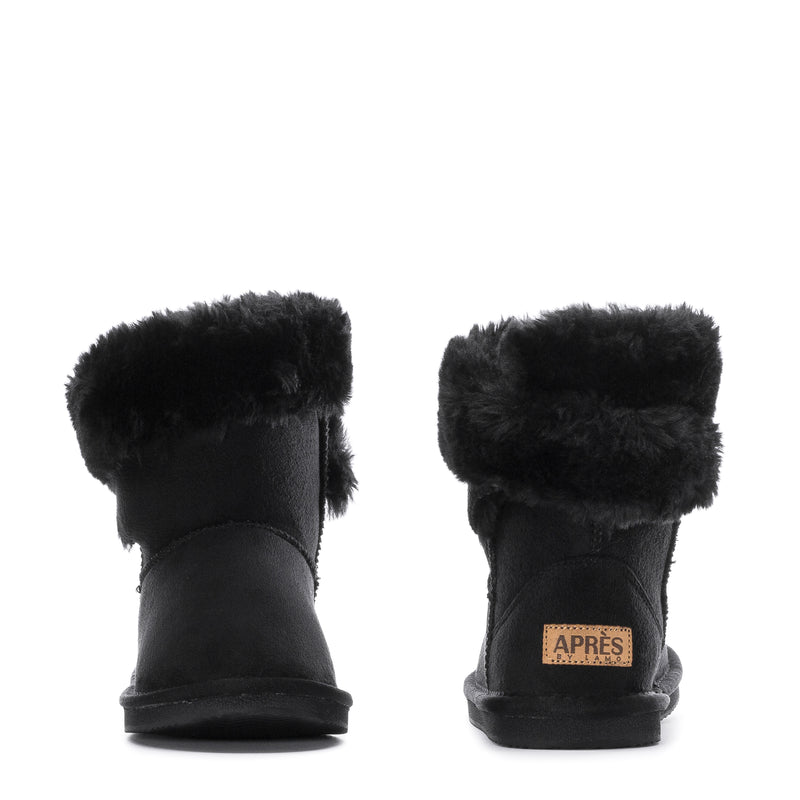 Kids black boots shown back and side with faux-fur cuff and label patch