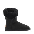 Black womens wrap boot with plush faux-fur cuff and stitched side seam