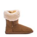 Chestnut womens wrap boot with plush cream faux-fur collar and low rubber sole
