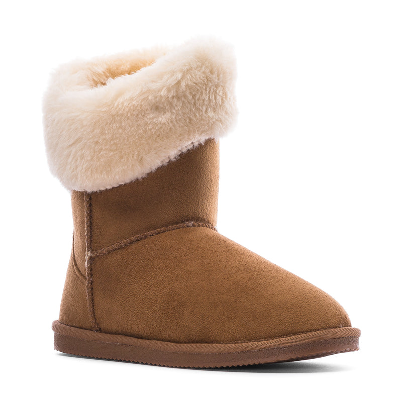 Chestnut womens wrap-style boot with cream faux-fur cuff and suede upper