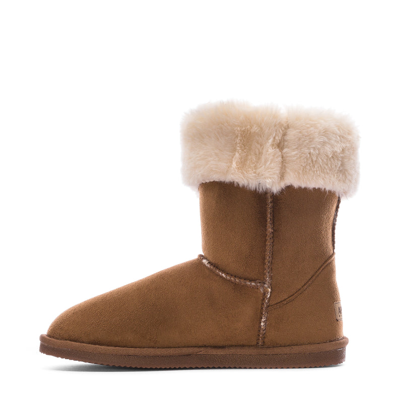 Chestnut womens wrap boot with cream faux-fur collar and stitched front seam