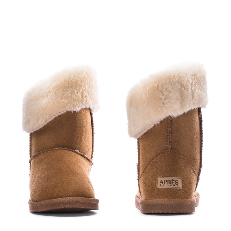 Chestnut womens wrap boots with cream faux-fur cuffs and side logo patch