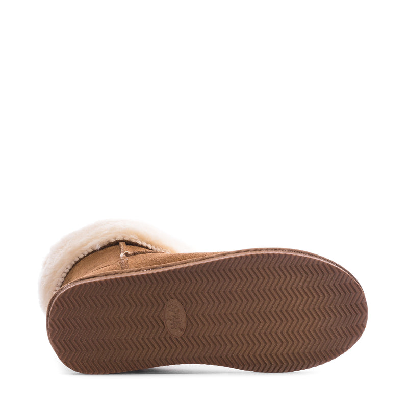 Chestnut womens boot outsole with textured herringbone tread and fur-trim top edge