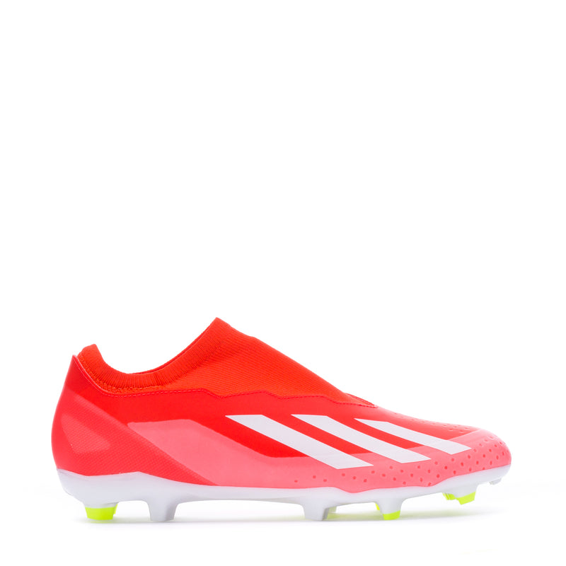 Men's red soccer cleats with white stripes and green FG studs