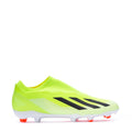 Men's soccer cleats in neon yellow-green with black stripes and red/white studs