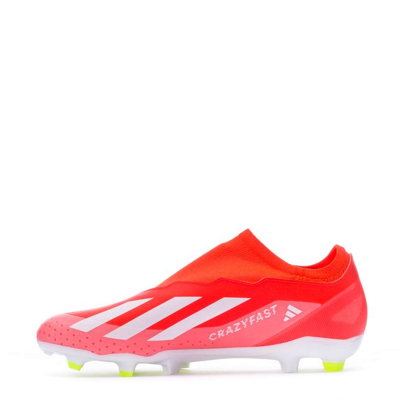 Men's red soccer cleats with white stripes, Crazyfast logo, green FG studs