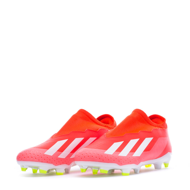 Men's red soccer cleats with white stripes and green FG studs
