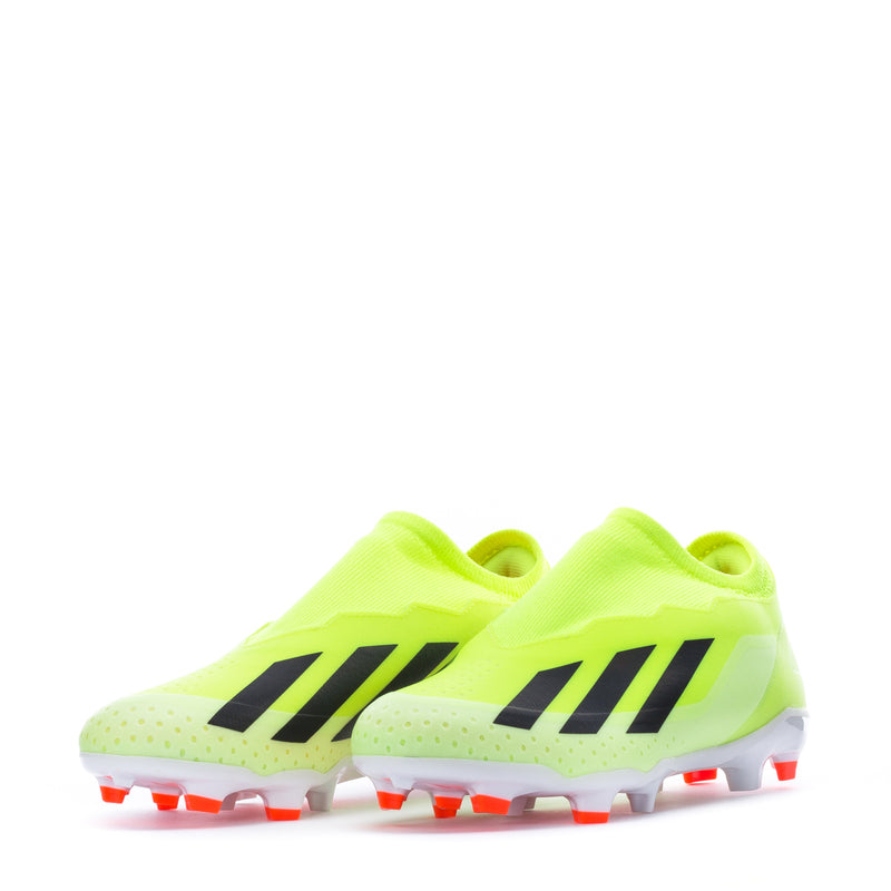 Men's soccer cleats front view, neon yellow-green with three black stripes