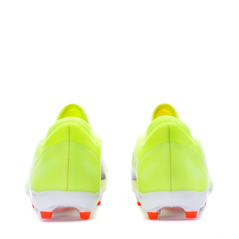 Men's soccer cleats heel view in neon yellow-green with white/gray back and red studs