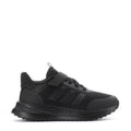 Kids black sneaker with velcro strap, lace-up front, and textured grip sole