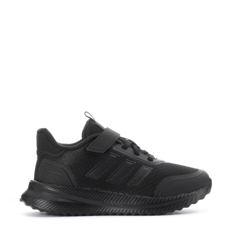 Kids black sneaker with velcro strap, lace-up front, and textured grip sole