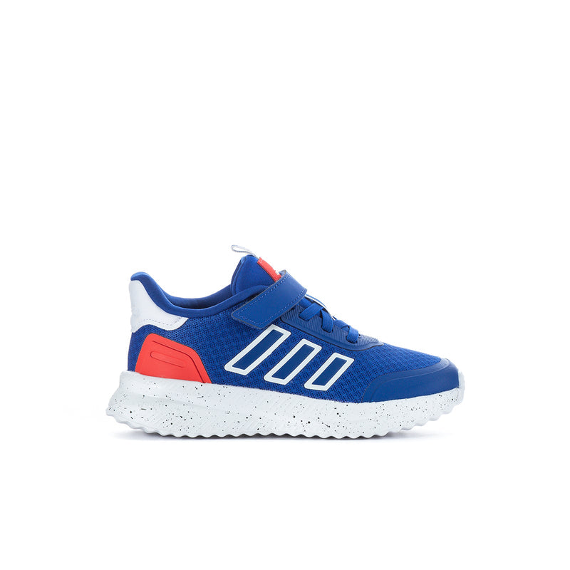 Kids' blue sneakers with white triple stripes and red heel panel