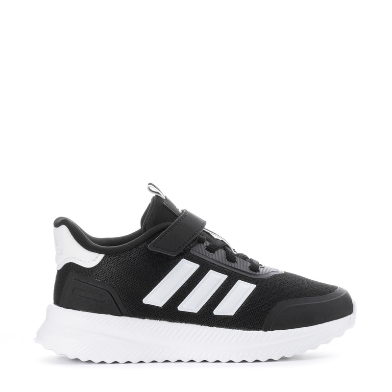 Kids adidas sneakers: black with white 3-Stripes and hook strap, textured sole