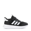 Kids adidas sneakers: black with white 3-Stripes and hook strap, textured sole
