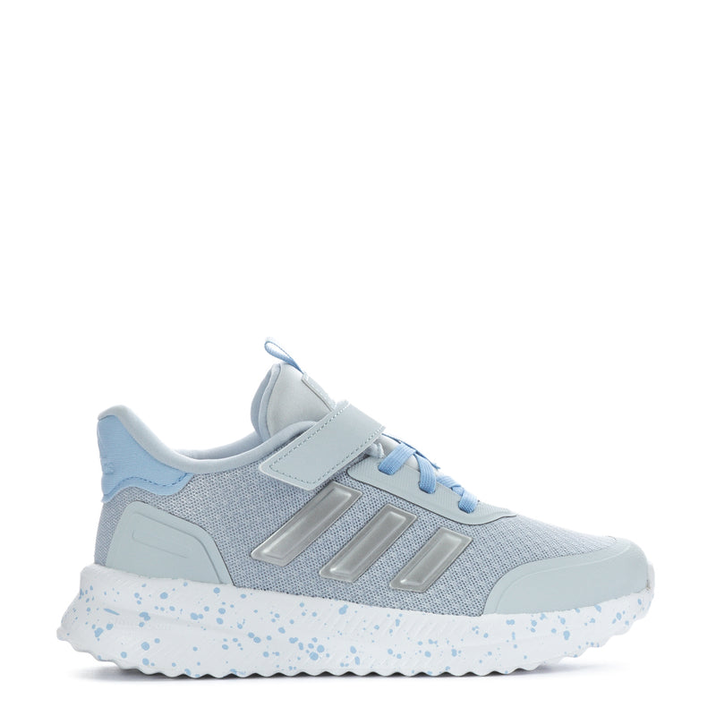 Kids light blue mesh sneaker with hook-and-loop strap and metallic stripes