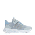 Kids light blue mesh sneaker with hook-and-loop strap and metallic stripes