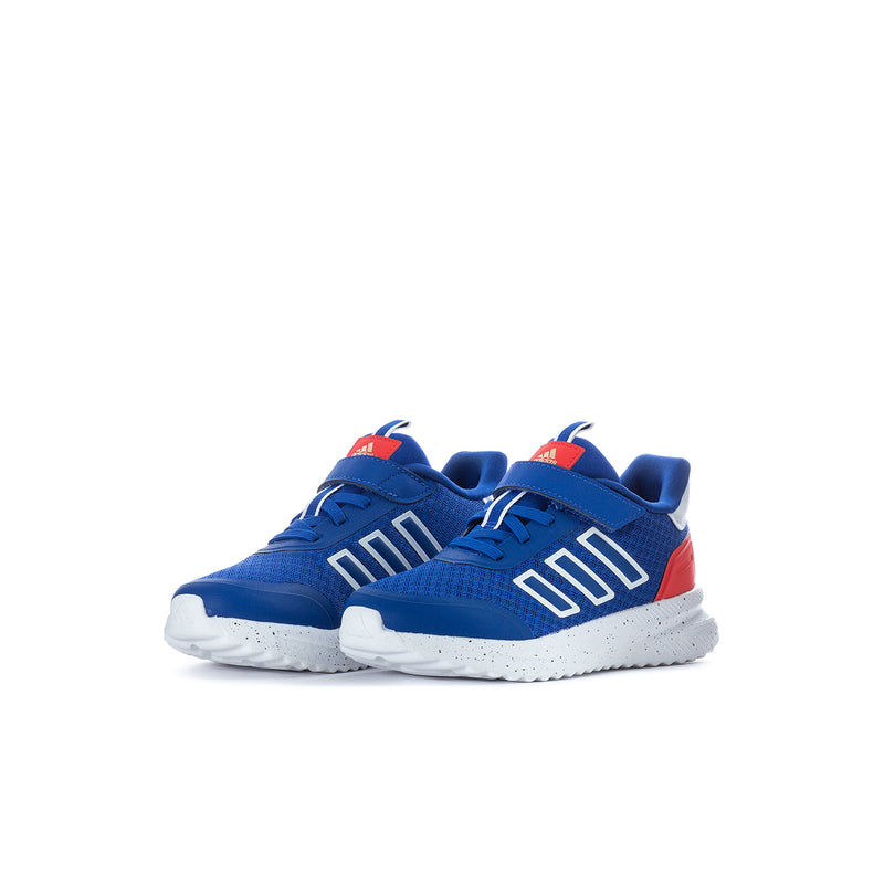 Kids' blue sneakers, pair view, white stripes and red side accents