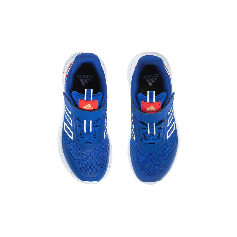Kids' blue sneakers with adidas logo on tongue, white and red trim