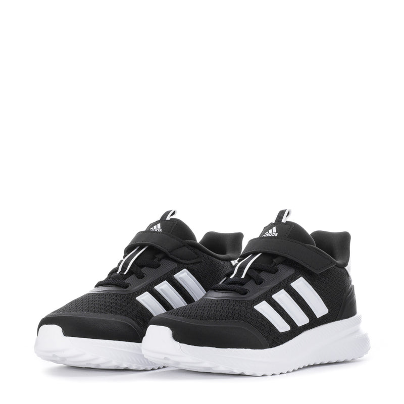 Kids adidas sneakers pair, black uppers with white 3-Stripes and lace-up