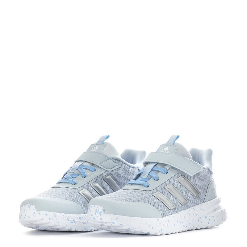Pair of kids light blue sneakers with blue laces and cushioned midsole