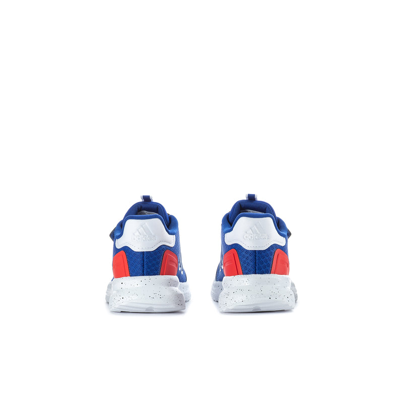 Kids' blue sneakers from back, white heel detail and red panel