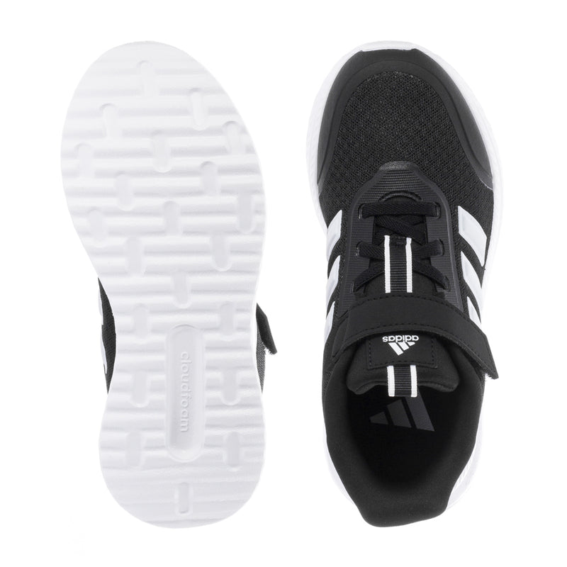 Kids adidas sneakers soles view: white treaded outsole and black heel