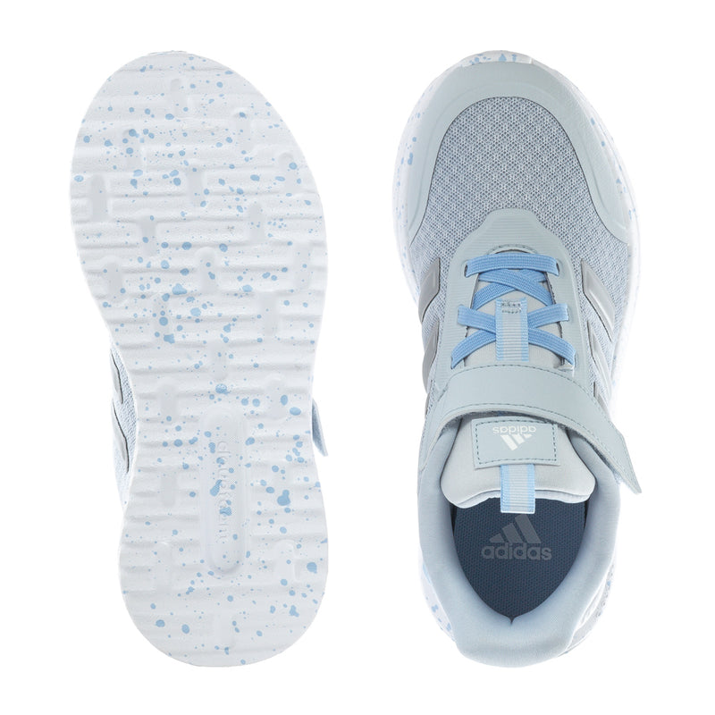 Kids light blue sneakers, outsole view and toe cap with lace closure