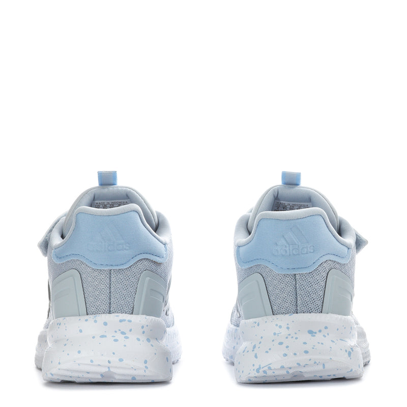 Kids light blue sneakers rear view with padded heel and speckled sole