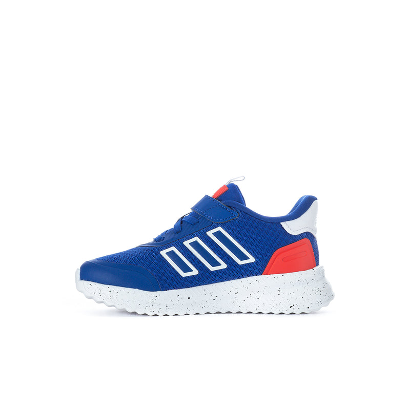 Kids' blue low-top sneakers with white stripes, red heel and white speckled sole