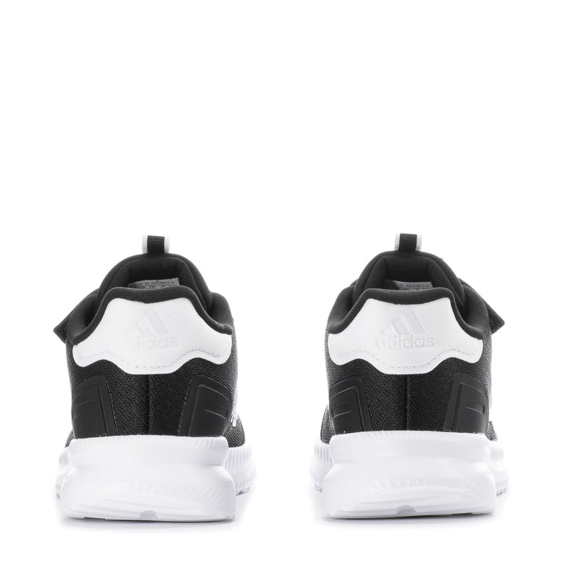 Kids adidas sneakers back view, black with white heel patch and cushioned sole
