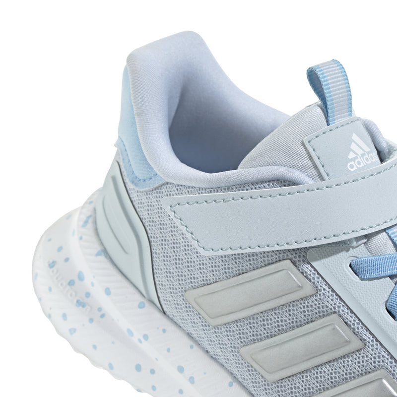 Kids light blue sneaker detail with stitched overlays and hook-and-loop strap