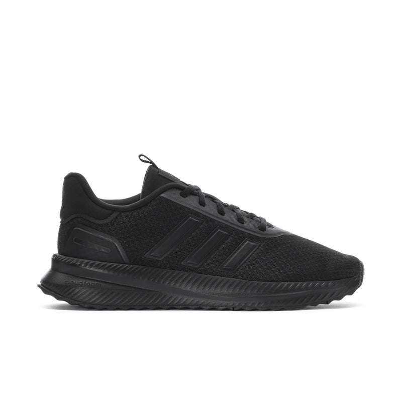 Mens black athletic running shoe with mesh upper, lace-up front, and textured sole