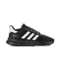 Men's black knit low-top sneaker with white triple stripes and speckled sole